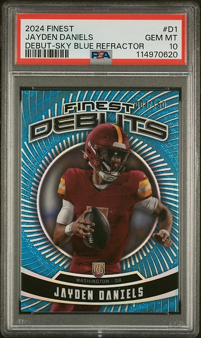 2024 Topps Finest Debut D1 Jayden Daniels Sky Blue Refractor PSA 10