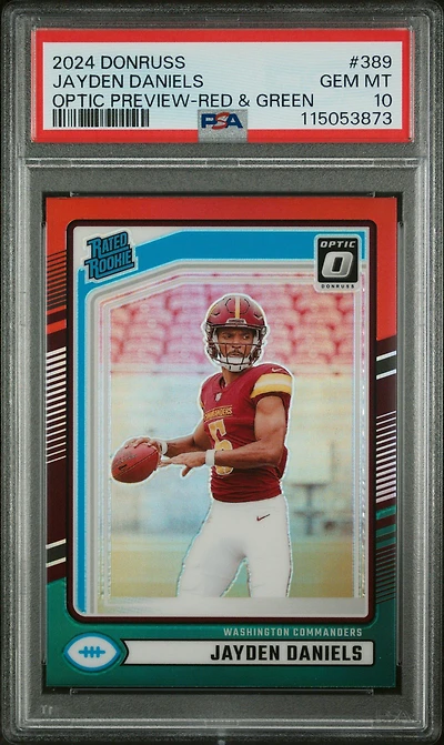 2024 Panini Donruss 389 Jayden Daniels Optic Preview-red & Green PSA 10
