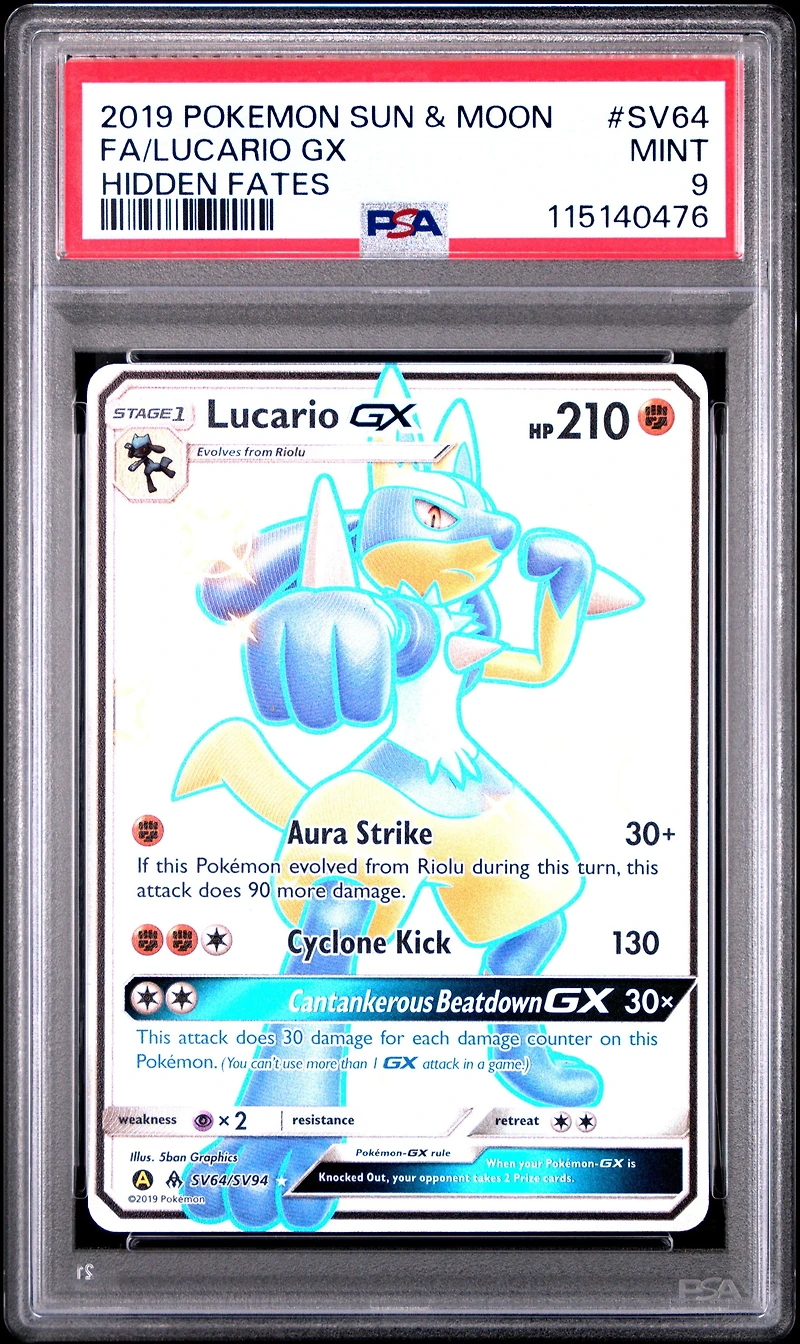 2019 Pokemon Sun & Moon Hidden Fates Sv64 Full Art/lucario Gx PSA