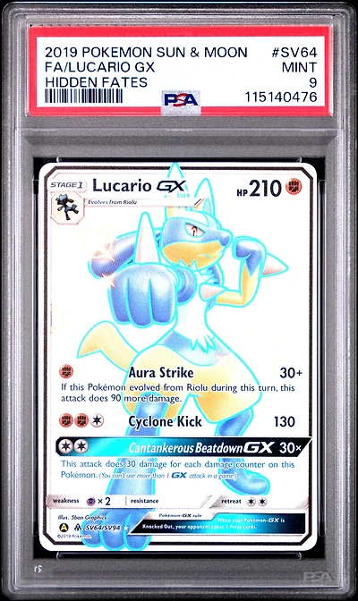 2019 Pokemon Sun & Moon Hidden Fates Sv64 Full Art/lucario Gx PSA