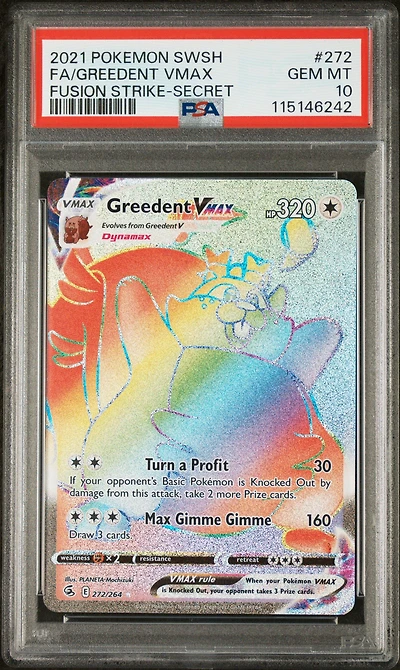 2021 Pokemon Sword & Shield Fusion Strike 272 Full Art/greedent Vmax Secret PSA 10