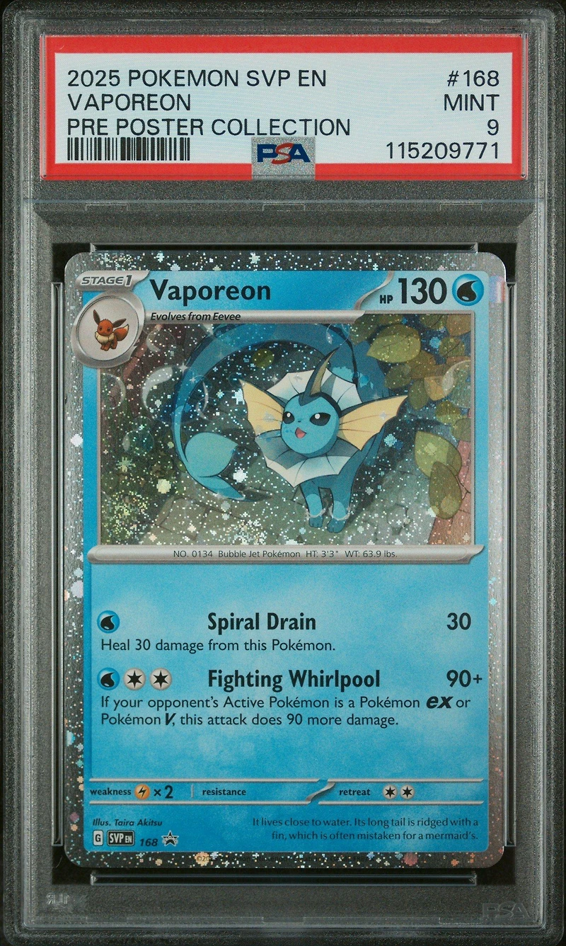 2025 Pokemon Svp En-sv Black Star Promo 168 Vaporeon Prismatic Evolutions Poster Collection PSA 9