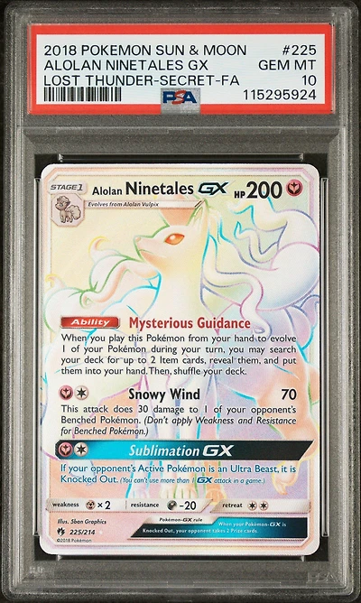 2018 Pokemon Sun & Moon Lost Thunder 225 Full Art/alolan Ninetales Gx Secret PSA