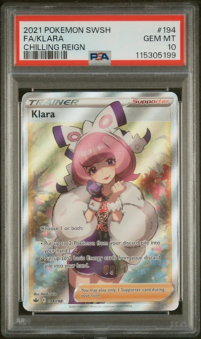 2021 Pokemon Sword & Shield Chilling Reign 194 Full Art/klara PSA 10