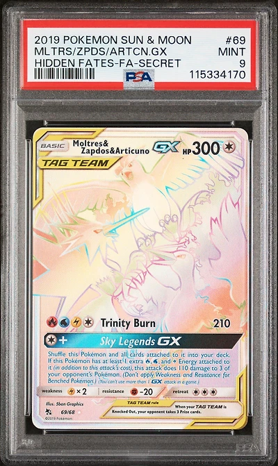 2019 Pokemon Sun & Moon Hidden Fates 69 Full Art/moltres & Zapdos & Articuno Gx Secret PSA