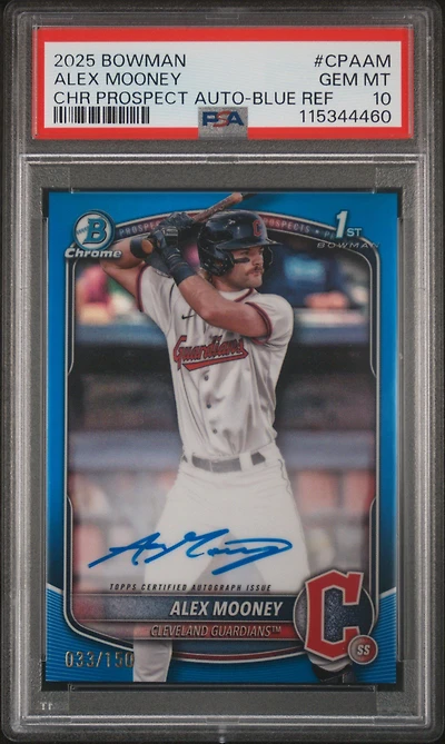 2025 Bowman Chrome Prospect Autographs Cpaam Alex Mooney Blue Refractor PSA 10