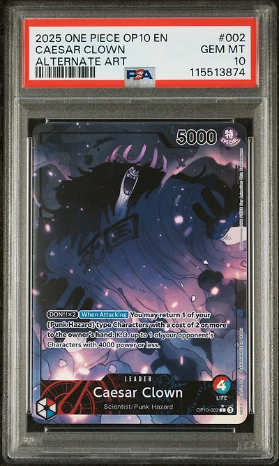 2025 One Piece Op10-royal Blood 002 Caesar Clown Alternate Art PSA 10