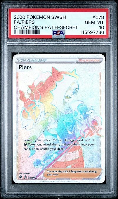 2020 Pokemon Sword & Shield Champion's Path 078 Full Art/piers Secret PSA