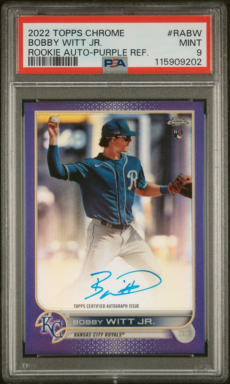 2022 Topps Chrome Rookie Autographs Rabw Bobby Witt Jr. Purple Refractor PSA 9