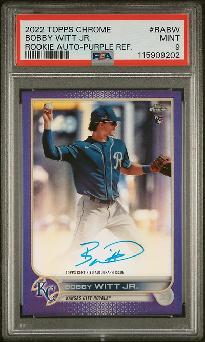 2022 Topps Chrome Rookie Autographs Rabw Bobby Witt Jr. Purple Refractor PSA 9