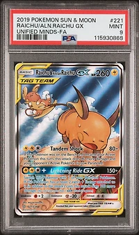 2019 Pokemon Sun & Moon Unified Minds 221 Full Art/raichu & Alolan Raichu Gx PSA 9
