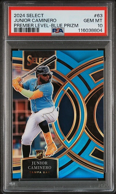 2024 Panini Select Premier Level 63 Junior Caminero Blue Prizm PSA 10
