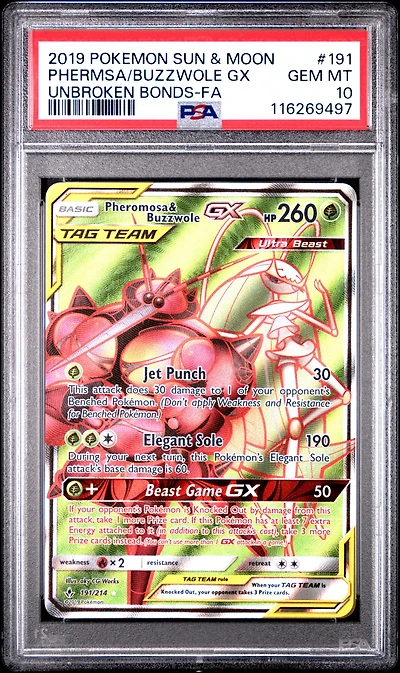 2019 Pokemon Sun & Moon Unbroken Bonds 191 Full Art/pheromosa & Buzzwole Gx PSA 10