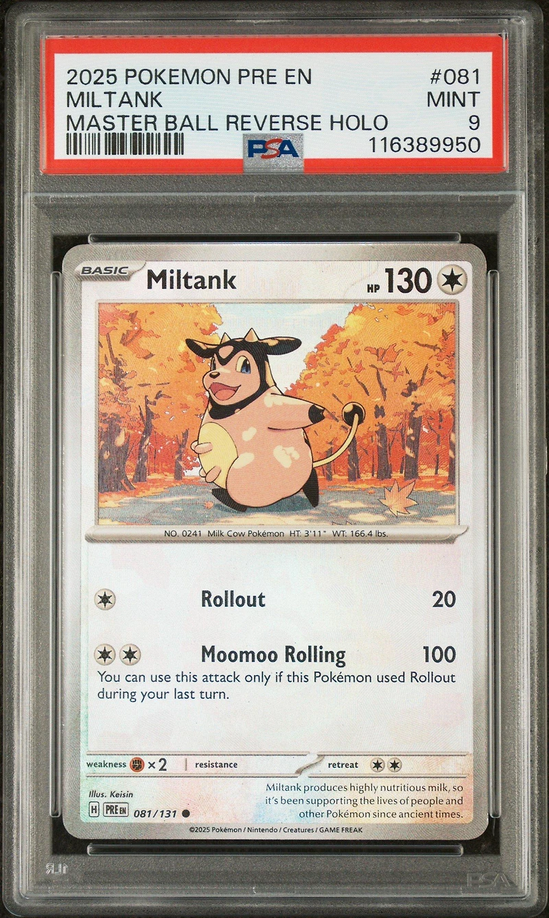 2025 Pokemon Pre En-prismatic Evolutions 081 Miltank Master Ball Reverse Holo PSA 9