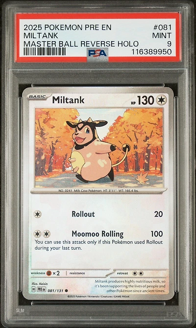 2025 Pokemon Pre En-prismatic Evolutions 081 Miltank Master Ball Reverse Holo PSA 9