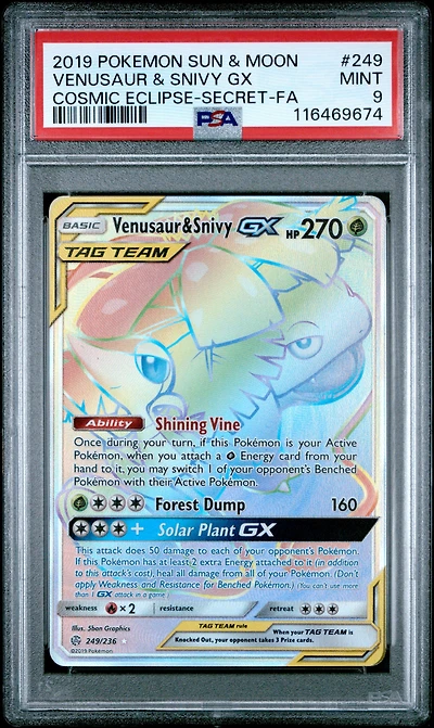 2019 Pokemon Sun & Moon Cosmic Eclipse 249 Full Art/venusaur & Snivy Gx Secret PSA