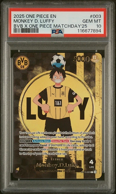 2025 One Piece Promos 003 Monkey D. Luffy Bvb X One Piece Matchday 2025 PSA 10