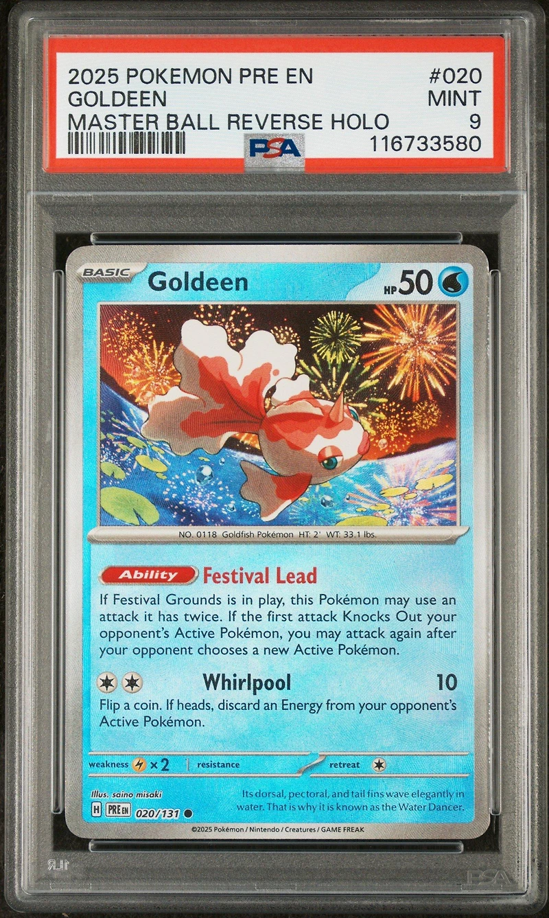 2025 Pokemon Pre En-prismatic Evolutions 020 Goldeen Master Ball Reverse Holo PSA 9