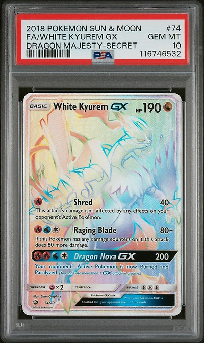 2018 Pokemon Sun & Moon Dragon Majesty 74 Full Art/white Kyurem Gx Secret PSA 10