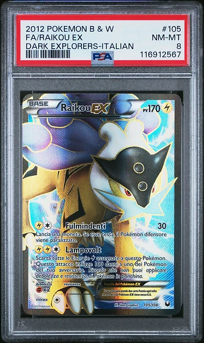 2012 Pokemon Black & White Dark Explorers 105 Full Art/raikou Ex Italian PSA 8