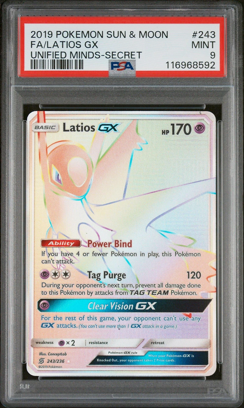 2019 Pokemon Sun & Moon Unified Minds 243 Full Art/latios Gx Secret PSA 9