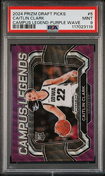 2024 Panini Prizm Draft Picks Campus Legends 5 Caitlin Clark Purple Wave PSA