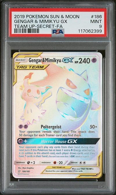 2019 Pokemon Sun & Moon Team Up 186 Full Art/gengar & Mimikyu Gx Secret PSA