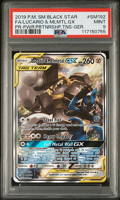 2019 Pokemon Sm Black Star Promo Sm192 Full Art/lucario & Melmetal Gx Power Partnership Tins-german PSA 9