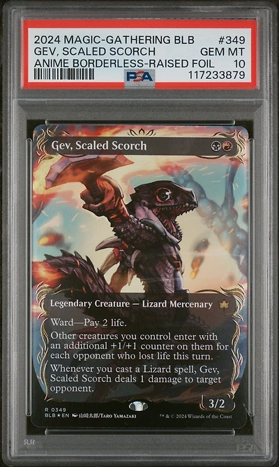 2024 Magic The Gathering Bloomburrow 349 Gev, Scaled Scorch Anime Borderless-raised Foil PSA 10