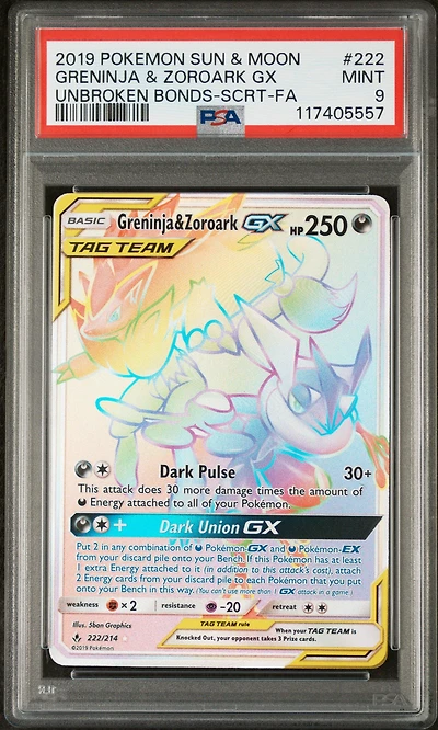 2019 Pokemon Sun & Moon Unbroken Bonds 222 Full Art/greninja & Zoroark Gx Secret PSA 9
