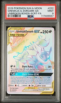 2019 Pokemon Sun & Moon Unbroken Bonds 222 Full Art/greninja & Zoroark Gx Secret PSA 9