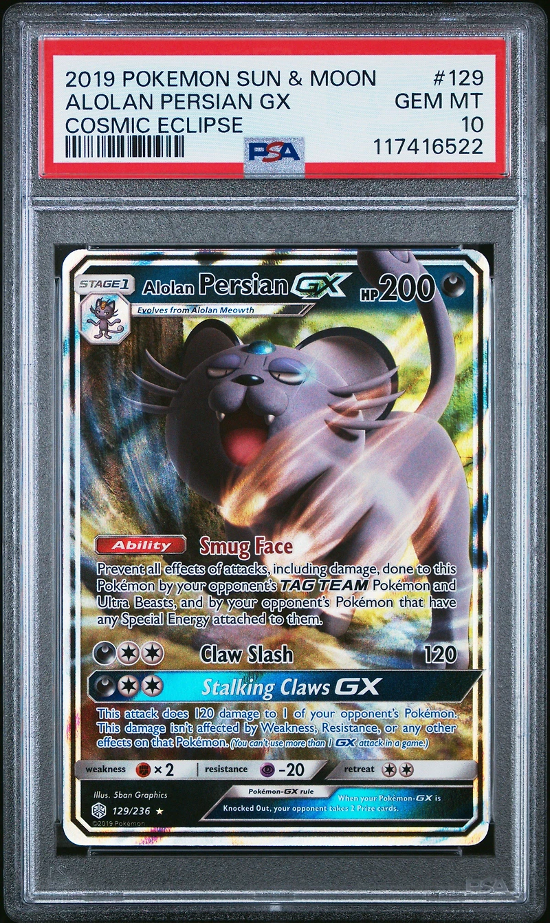 2019 Pokemon Sun & Moon Cosmic Eclipse 129 Alolan Persian Gx PSA 10