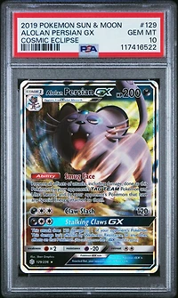 2019 Pokemon Sun & Moon Cosmic Eclipse 129 Alolan Persian Gx PSA 10