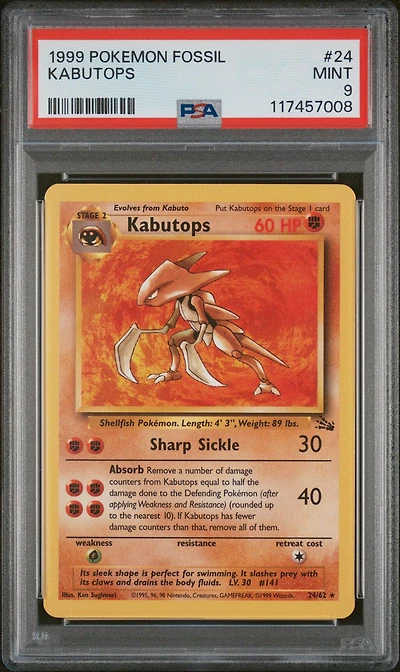1999 Pokemon Fossil 24 Kabutops PSA 9