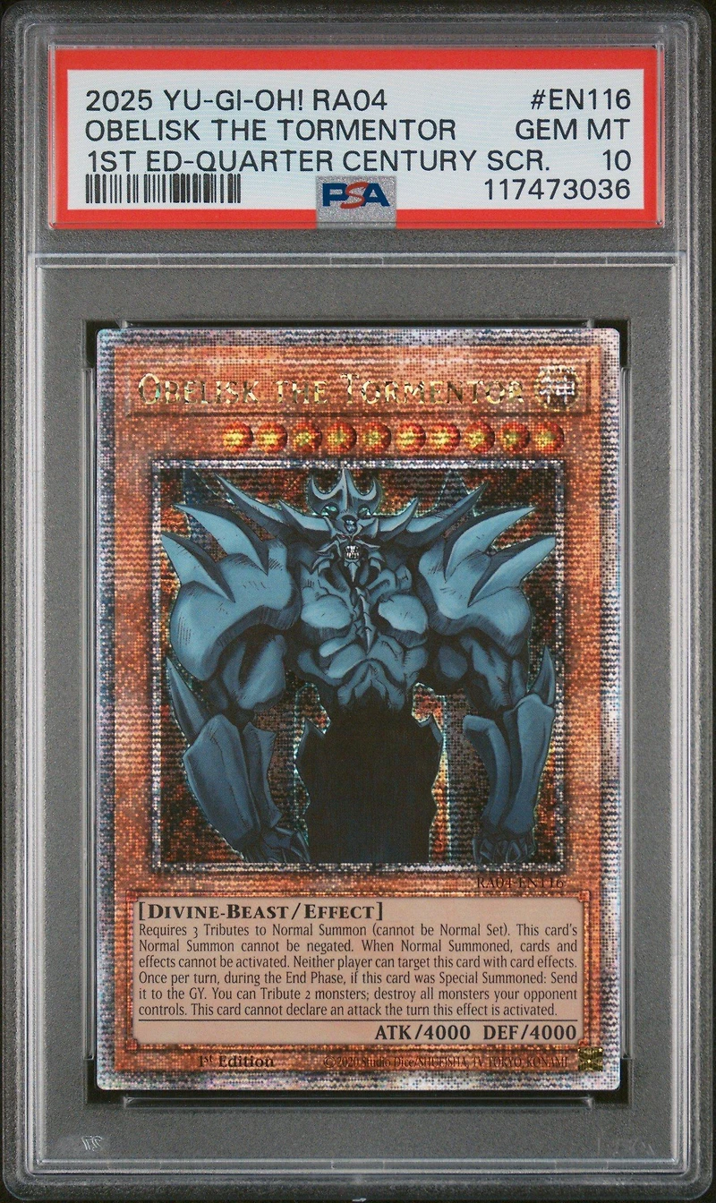 2025 Yu-gi-oh! Ra04-quarter Century Stampede En116 Obelisk The Tormentor 1st Edition-quarter Century Secret Rare PSA 10