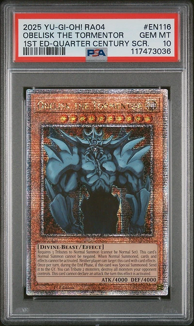 2025 Yu-gi-oh! Ra04-quarter Century Stampede En116 Obelisk The Tormentor 1st Edition-quarter Century Secret Rare PSA 10