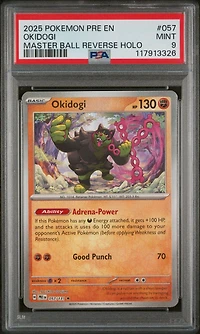 2025 Pokemon Pre En-prismatic Evolutions 057 Okidogi Master Ball Reverse Holo PSA 9