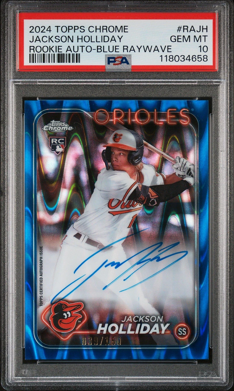 2024 Topps Chrome Rookie Autographs Rajh Jackson Holliday Blue Raywave PSA 10