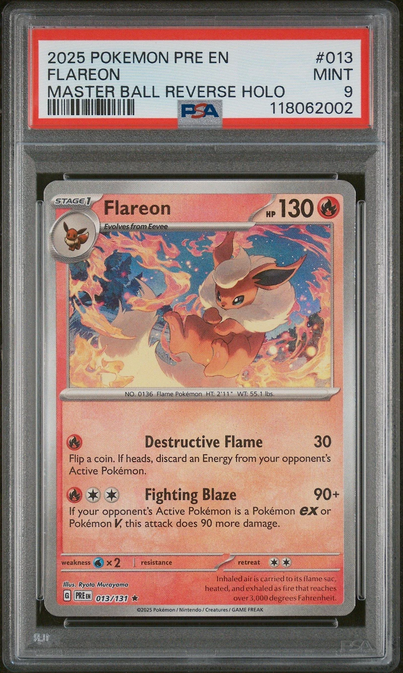 2025 Pokemon Pre En-prismatic Evolutions 013 Flareon Master Ball Reverse Holo PSA 9