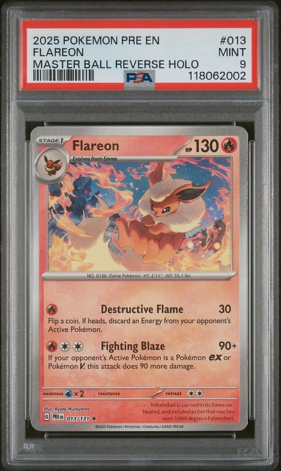 2025 Pokemon Pre En-prismatic Evolutions 013 Flareon Master Ball Reverse Holo PSA 9