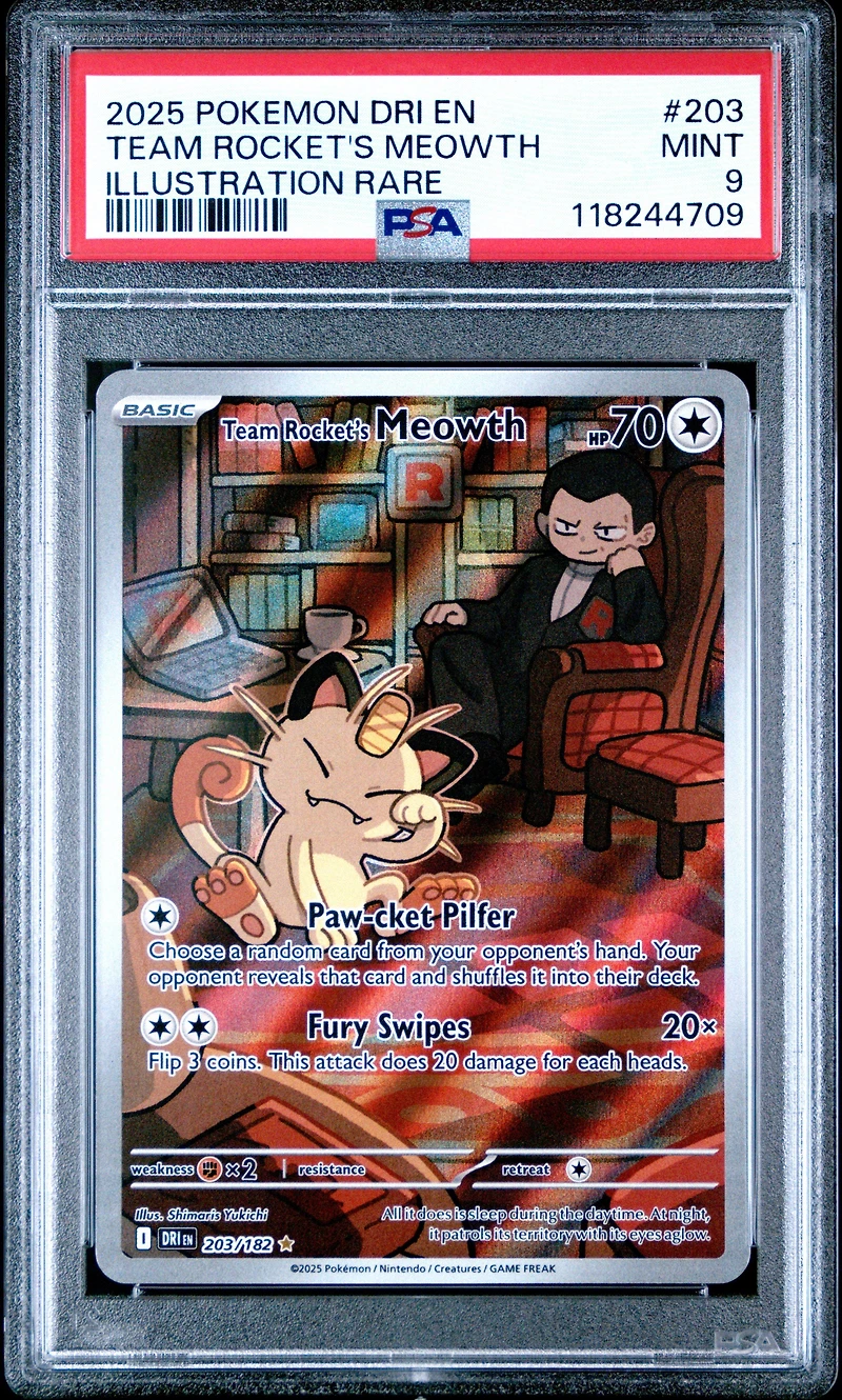 2025 Pokemon Dri En-destined Rivals 203 Team Rocket's Meowth Illustration Rare PSA