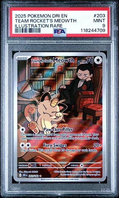 2025 Pokemon Dri En-destined Rivals 203 Team Rocket's Meowth Illustration Rare PSA