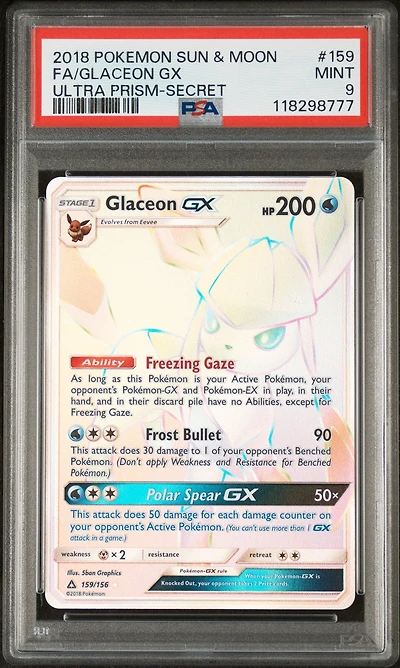 2018 Pokemon Sun & Moon Ultra Prism 159 Full Art/glaceon Gx Secret PSA 9