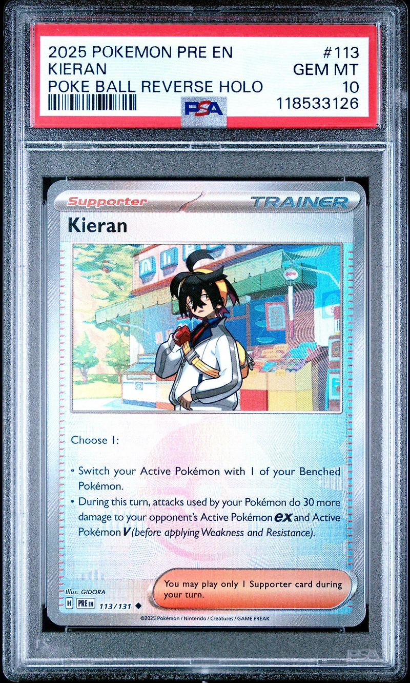 2025 Pokemon Pre En-prismatic Evolutions 113 Kieran Poke Ball Reverse Holo PSA 10