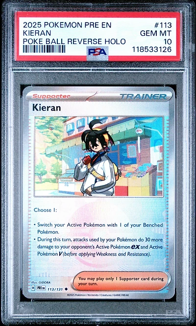 2025 Pokemon Pre En-prismatic Evolutions 113 Kieran Poke Ball Reverse Holo PSA 10