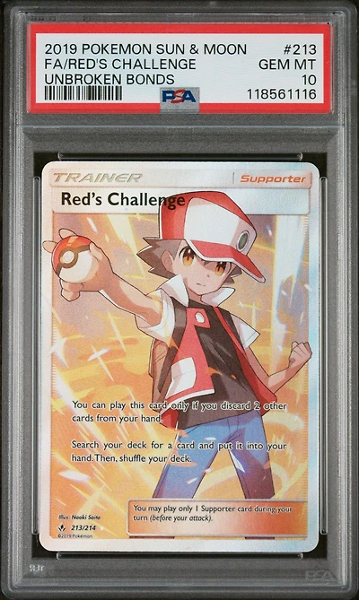 2019 Pokemon Sun & Moon Unbroken Bonds 213 Full Art/red's Challenge PSA 10