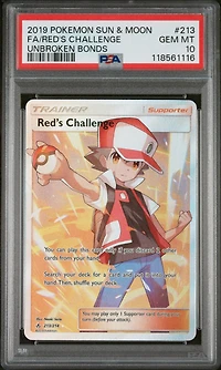 2019 Pokemon Sun & Moon Unbroken Bonds 213 Full Art/red's Challenge PSA 10