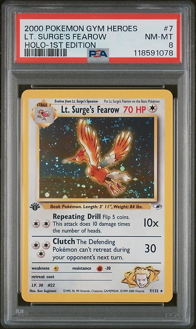 2000 Pokemon Gym Heroes 7 Lt. Surge's Fearow Holo-1st Edition PSA