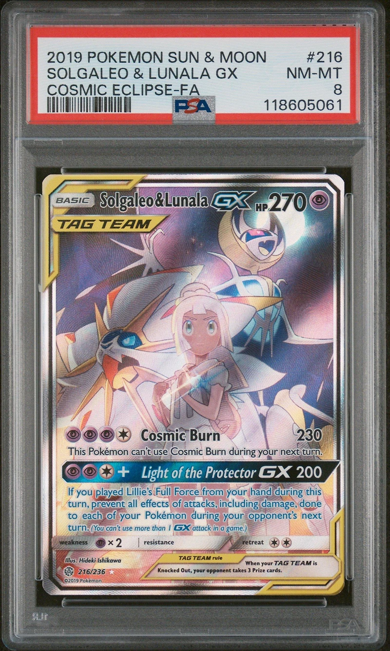 2019 Pokemon Sun & Moon Cosmic Eclipse 216 Full Art/solgaleo & Lunala Gx PSA