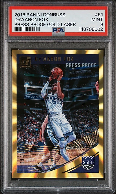 2018 Panini Donruss 51 De'aaron Fox Press Proof Gold Laser PSA 9